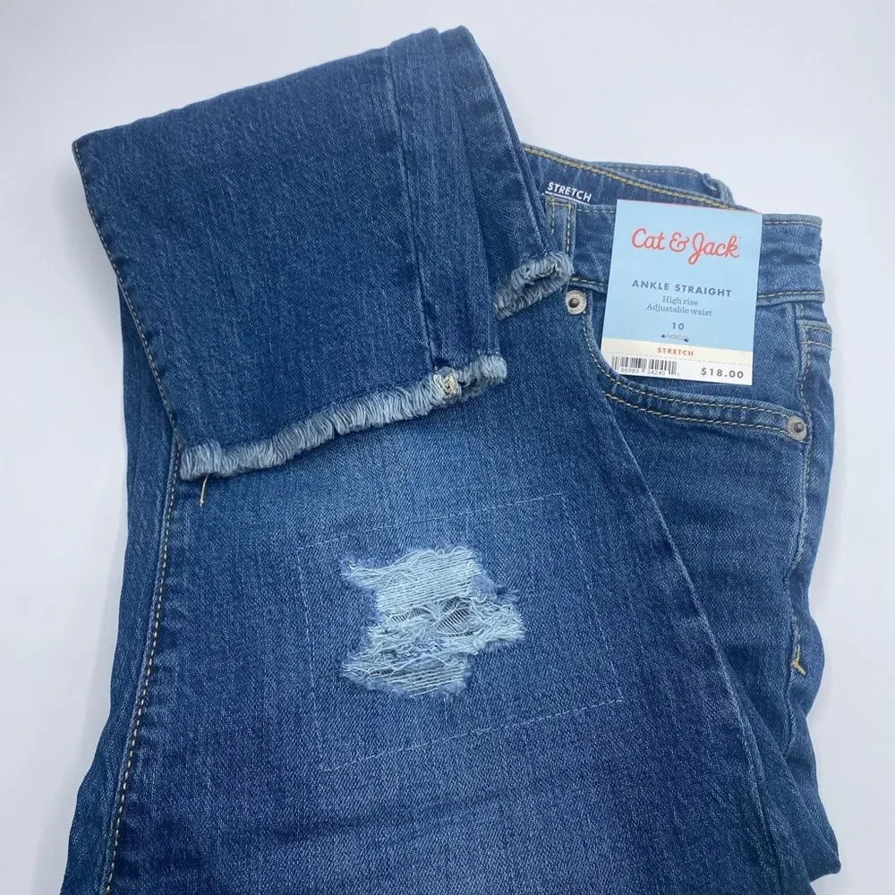 Cat & Jack Girls' High-Rise Ankle Straight Jeans with Front Snap Closure Frayed